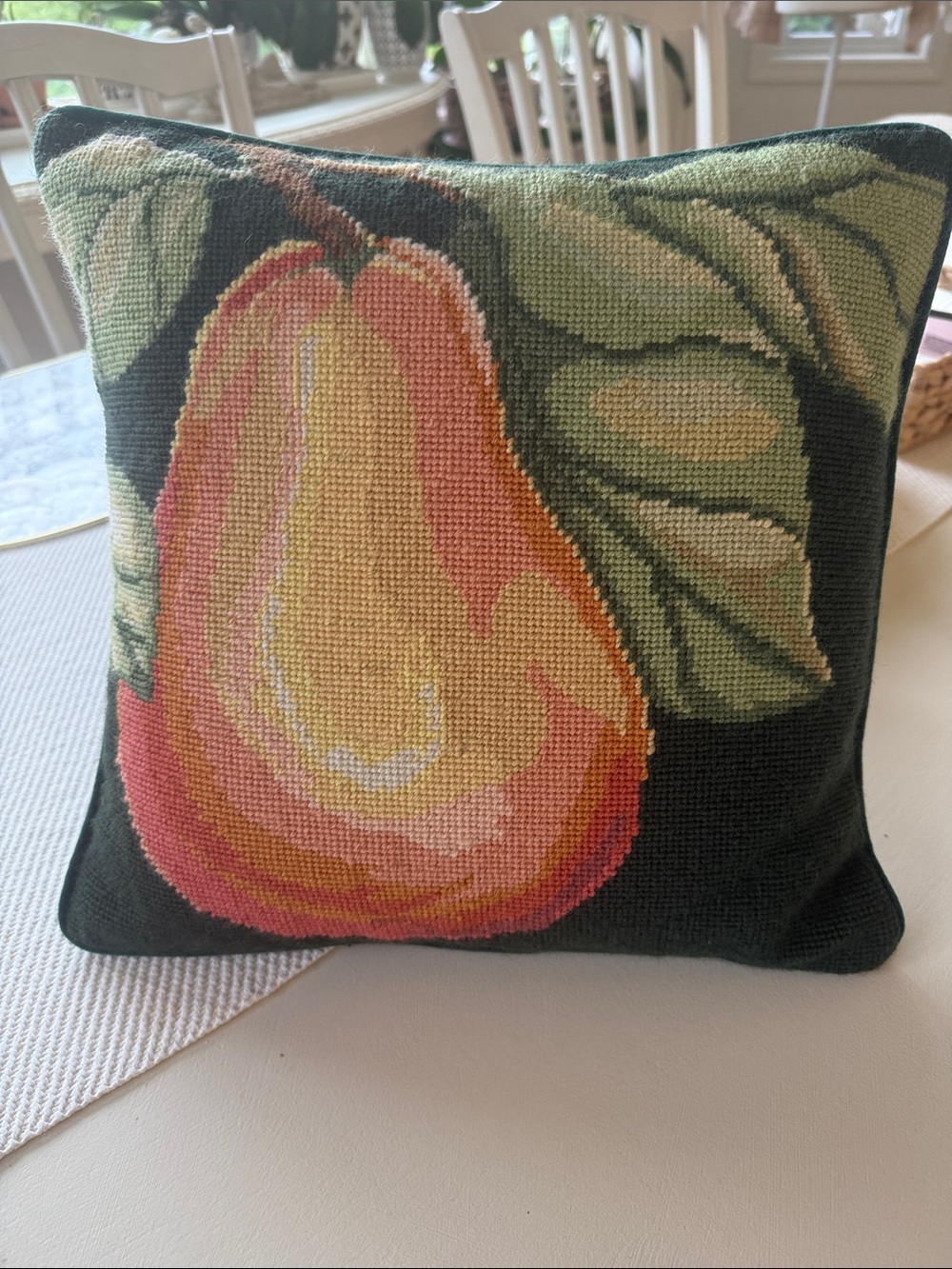 Hand-Needlepoint Pear Pillow in Green, Pink & Yellow inperial elegance